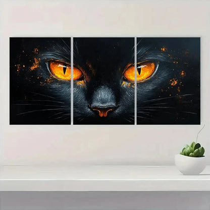 3pcs Whimsical Black Cat Orange Eyes S  Wall Art Set Canvas Framed 50x70cm - High Quality Print 100% Australian Made Wall Canvas Ready to Hang - Bella Home Decor