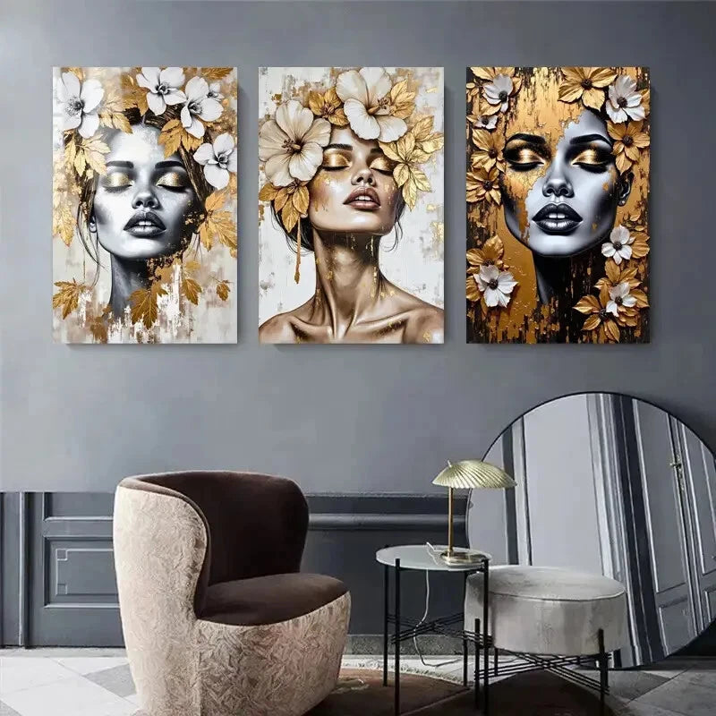 3pcs Golden And White Accent Women Décor Perfect Wall Art Set Canvas Framed 40x60cm - High Quality Print 100% Australian Made Wall Canvas Ready to Hang - Bella Home Decor