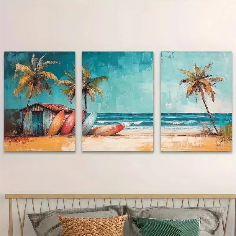 3pcs Surfboards Resting Against Shack Wall Art Set Canvas Framed 50x70cm - High Quality Print 100% Australian Made Wall Canvas Ready to Hang