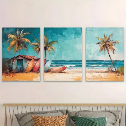 3pcs Surfboards Resting Against Shack Wall Art Set Canvas Framed 50x70cm - High Quality Print 100% Australian Made Wall Canvas Ready to Hang