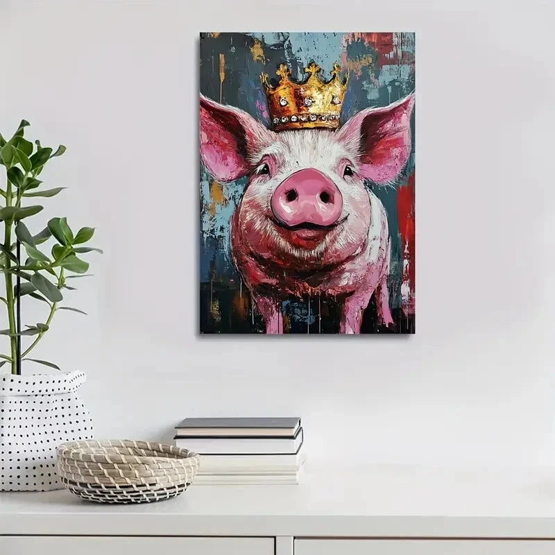 Playful Pig with Golden Crown Vibrant Painting 40x60cm Metal Print Ready to Hang - Bella Home Decor