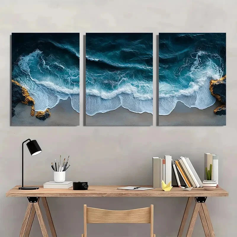 3pcs Modern Ocean Wave Seaside Theme Metal Print Ready to Hang Art - Bella Home Decor
