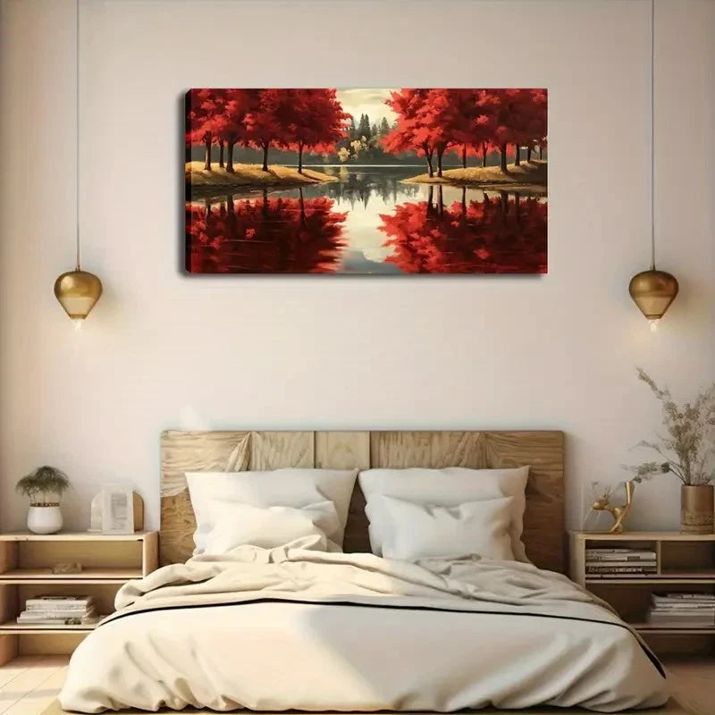 Vibrant Red Maple Forest & Lake Wall Art Canvas Office Home Room Framed 120x60cm