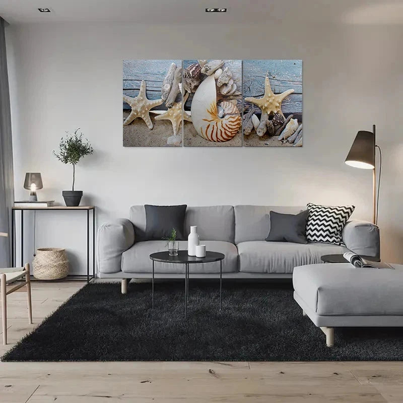 3pcs Seashell and Starfish Beach Themed Metal Print Ready to Hang Art