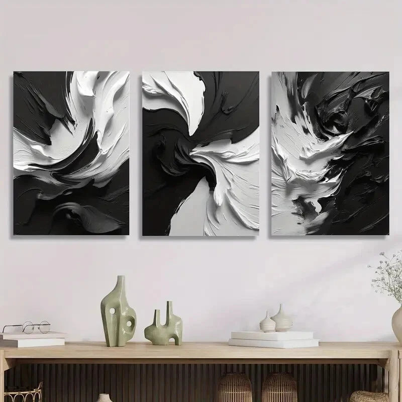 3pcs Abstract Black And White Thick Textured Wall Art Set Canvas Framed 40x60cm - High Quality Print 100% Australian Made Wall Canvas Ready to Hang