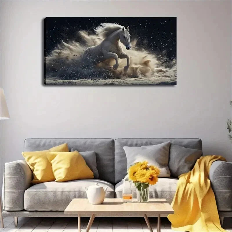 White Horse Galloping & Raising Wall Art Canvas Office Home Room Framed 120x60cm - Bella Home Decor