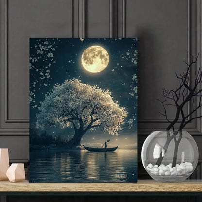 Moon Shines on The Water, an Ancient Man Rows 40x60cm Metal Print Ready to Hang