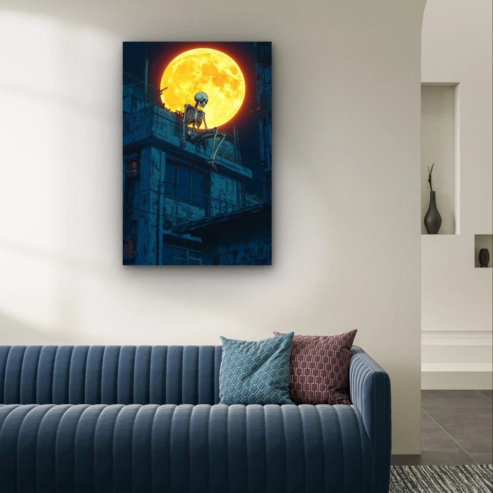 Skeleton on a Rooftop Under Moon Illustration 40x60cm Metal Print Ready to Hang