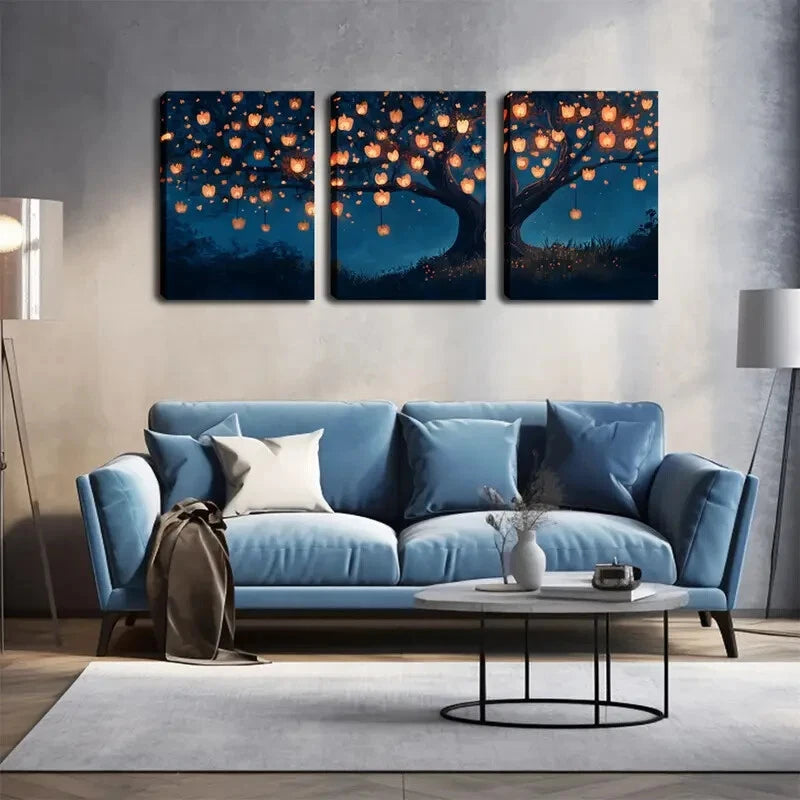 3pcs Vibrant Lanterns On Branches Design Perfect Wall Art Set Canvas Framed 40x60cm - High Quality Print 100% Australian Made Wall Canvas Ready to Hang - Bella Home Decor
