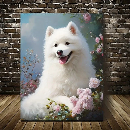Beautiful Vibrant Flowers & Greenery Dog Painting 40x60cm Metal Print Ready to Hang