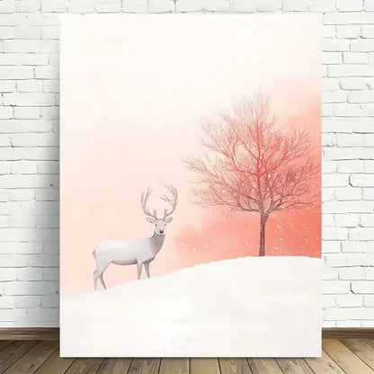 Beautiful Winter Deer & Red Tree Modern Painting 40x60cm Metal Print Ready to Hang - Bella Home Decor