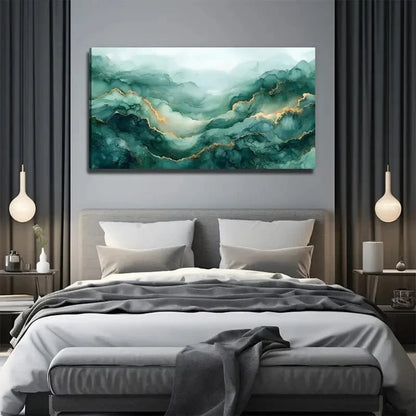 Green Gilded Nature Wall Art Canvas Office Home Room Framed 120x60cm