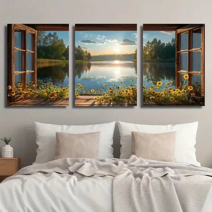 3pcs Flowers and Lake Scenery in the Sunset Wall Art Set Canvas Unframed - High Quality Print 100% Australian Made Wall Canvas - Bella Home Decor