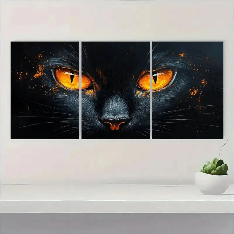 3pcs Whimsical Black Cat Orange Eyes S  Wall Art Set Canvas Framed 60x90cm - High Quality Print 100% Australian Made Wall Canvas Ready to Hang - Bella Home Decor