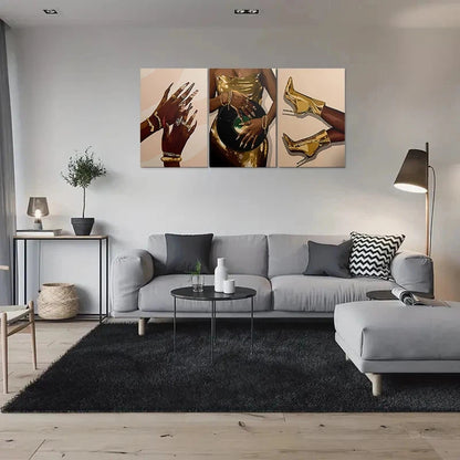 3pcs Golden Fashion Heels and Jewelry Metal Print Ready to Hang Art - Bella Home Decor
