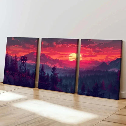 3pcs Sunset Red Sky Forest & Mountains Wall Art Set Canvas Framed 40x60cm - High Quality Print 100% Australian Made Wall Canvas Ready to Hang
