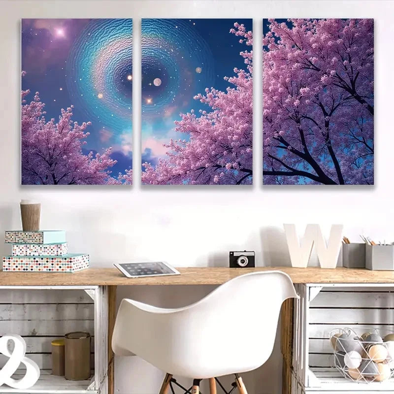 3pcs Cherry Blossom Trees Under Night Sky I Wall Art Set Canvas Framed 40x60cm - High Quality Print 100% Australian Made Wall Canvas Ready to Hang - Bella Home Decor