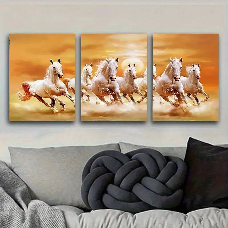 3pcs Galloping White Horses Wall Art Set Canvas Framed 60x90cm - High Quality Print 100% Australian Made Wall Canvas Ready to Hang - Bella Home Decor