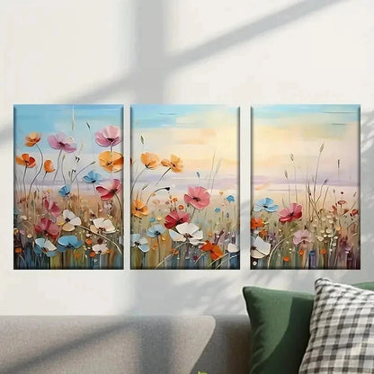 3pcs Painting of Flowers in a Field Wall Art Set Canvas Framed 50x70cm - High Quality Print 100% Australian Made Wall Canvas Ready to Hang