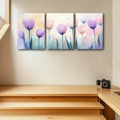 3pcs Vibrant Pink & Purple Tulips Decoration Wall Art Set Canvas Unframed - High Quality Print 100% Australian Made Wall Canvas