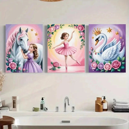 3pcs Ballet Girl, White Horse, Crowned SwanWall Art Set Canvas Framed 40x60cm - High Quality Print 100% Australian Made Wall Canvas Ready to Hang - Bella Home Decor