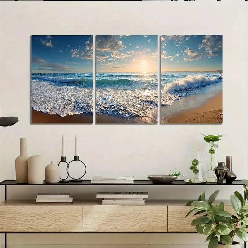 3pcs Serene Beach Scene With Waves  Wall Art Set Canvas Framed 50x70cm - High Quality Print 100% Australian Made Wall Canvas Ready to Hang