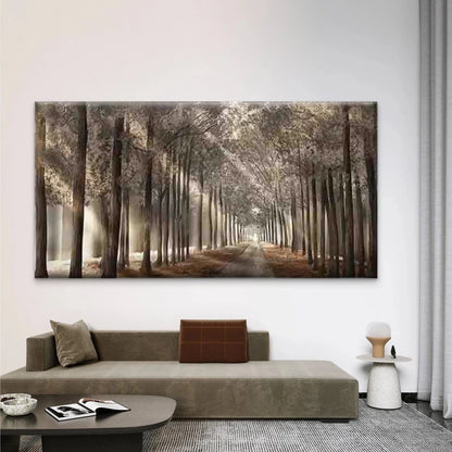 Misty Trees and Sunlit Pathway Wall Art Canvas Office Home Room Framed 120x60cm