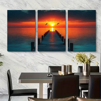 3pcs Tranquil Lakeside Pier Sunset Metal Print Ready to Hang Art