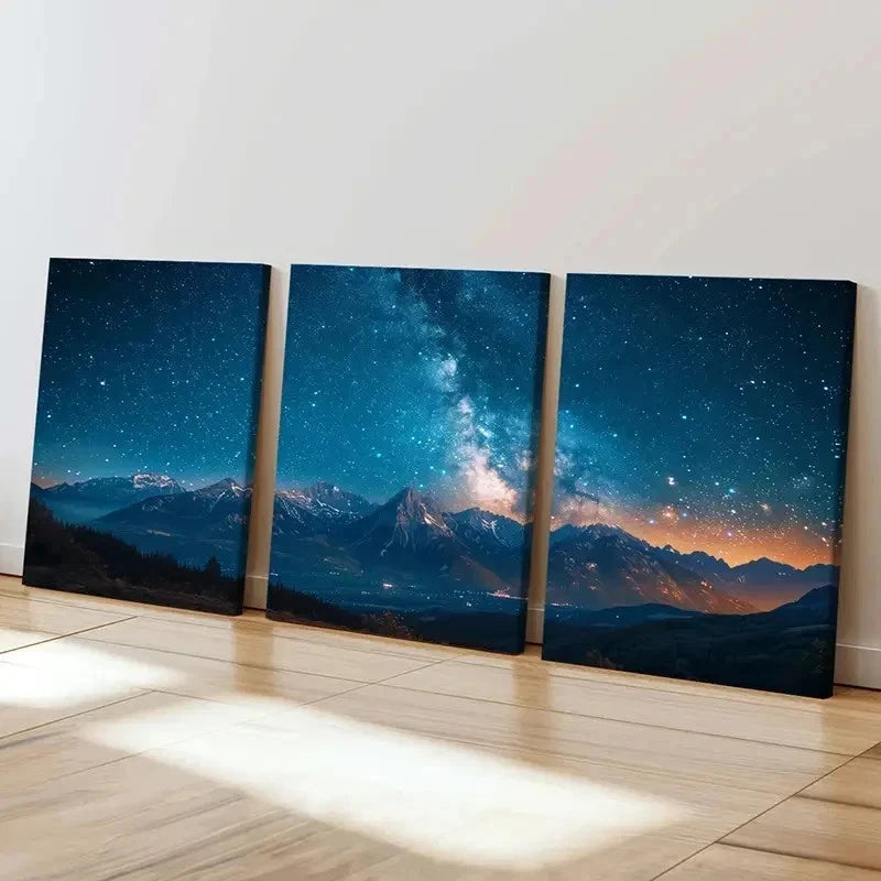 3pcs Mountain Night View Starry Sky Milky Way Wall Art Set Canvas Framed 60x90cm - High Quality Print 100% Australian Made Wall Canvas Ready to Hang