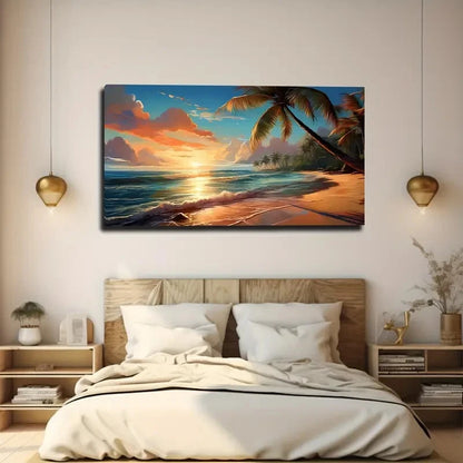 Vibrant Ocean & Palm Tree Wall Art Canvas Office Home Room Framed 120x60cm