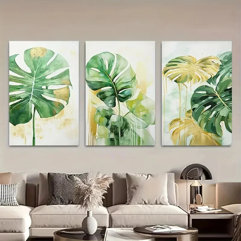 3pcs Monstera Deliciosa Sage Green Golden Boho Metal Print Ready to Hang Art - Bella Home Decor