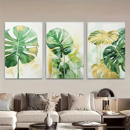 3pcs Monstera Deliciosa Sage Green Golden Boho Metal Print Ready to Hang Art - Bella Home Decor