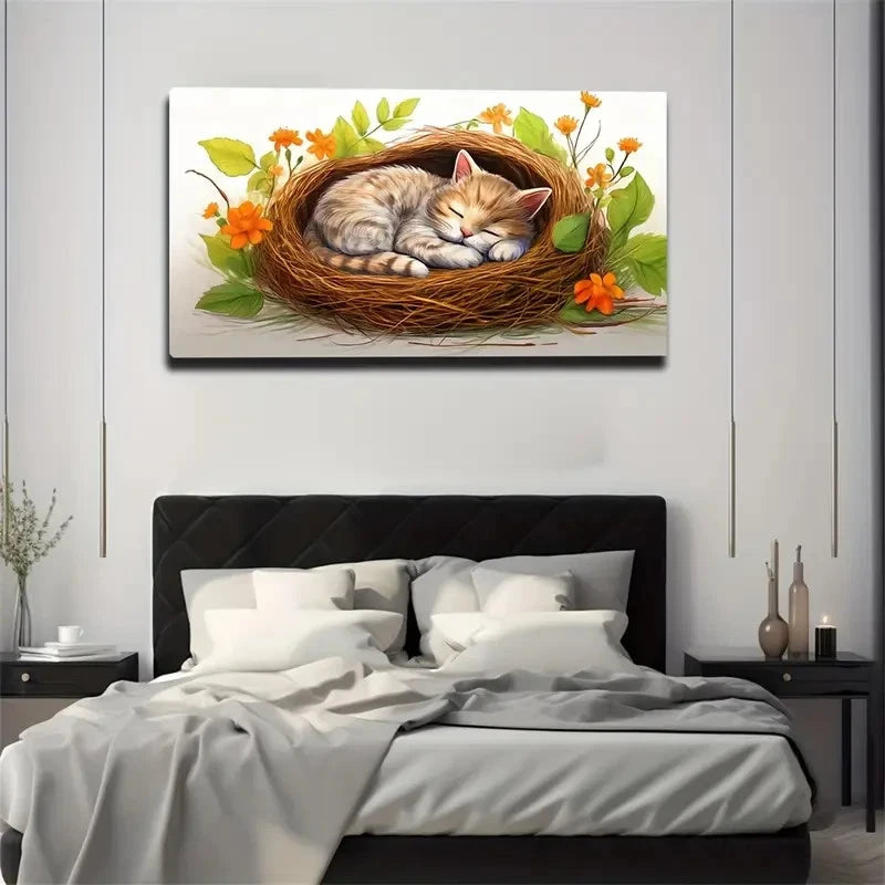 Realistic Sleeping Cat Modern Wall Art Canvas Office Home Room Framed 120x60cm