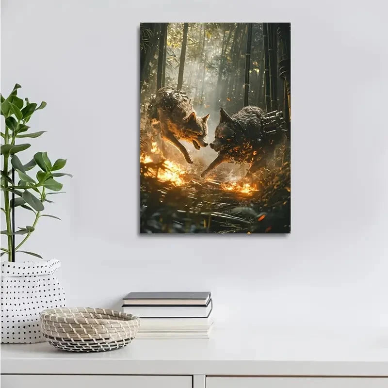 Beautiful Steampunk Wolf Chase Painting 40x60cm Metal Print Ready to Hang - Bella Home Decor