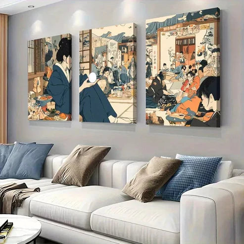 3pcs Elegant Traditional Japanese Gathering Wall Art Canvas Unframed - High Quality Print 100% Australian Made Wall Canvas