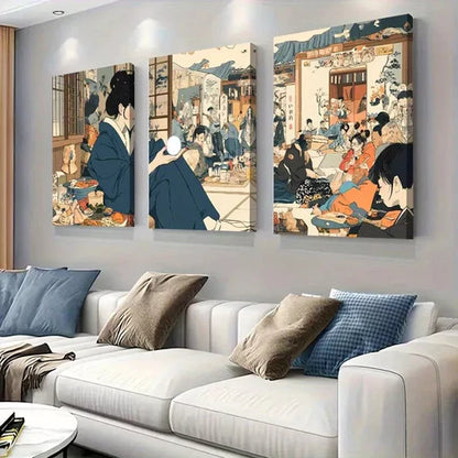 3pcs Elegant Traditional Japanese Gathering Wall Art Canvas Unframed - High Quality Print 100% Australian Made Wall Canvas