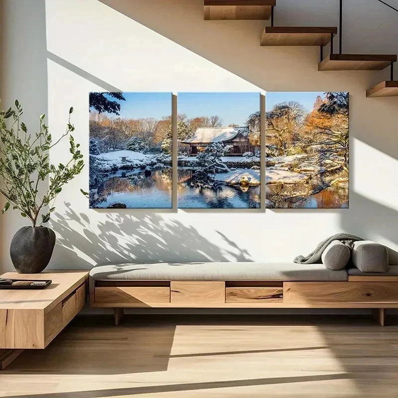 3pcs Snow Scene Cabin Tree Pond Wall Art Set Canvas Framed 40x60cm - High Quality Print 100% Australian Made Wall Canvas Ready to Hang - Bella Home Decor