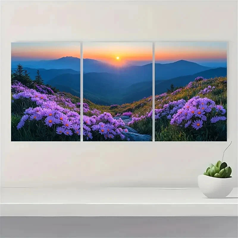 3pcs Blue Ridge Landscape with Vibrant Flowers Metal Print Ready to Hang Art - Bella Home Decor