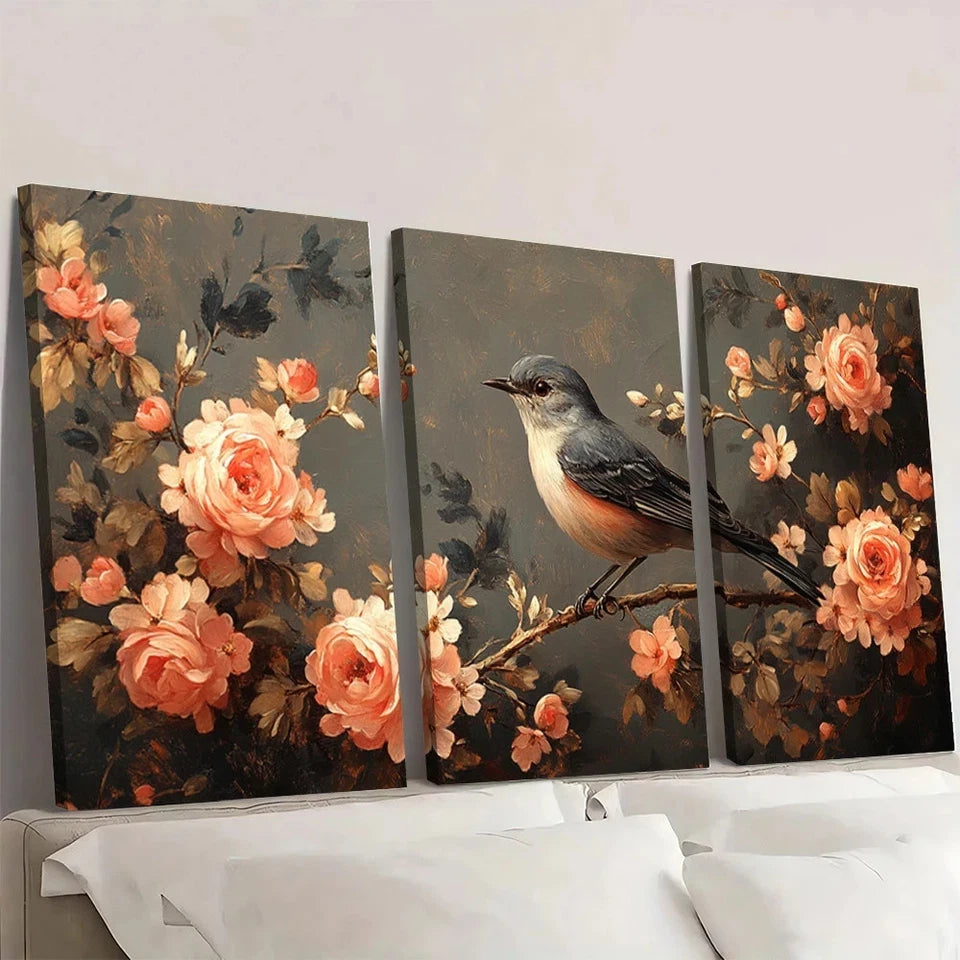 3pcs Exquisite Charming Bird Flowers Wall Art Set Canvas Framed 50x70cm - High Quality Print 100% Australian Made Wall Canvas Ready to Hang