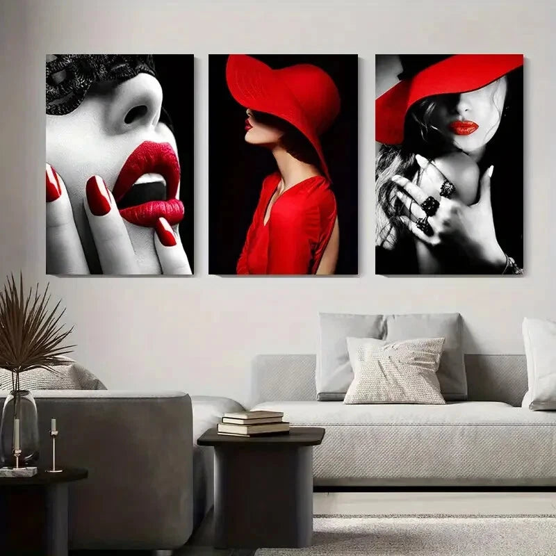 3pcs Chic Red Hat & Lipstick Fashion Perfect Wall Art Set Canvas Framed 40x60cm - High Quality Print 100% Australian Made Wall Canvas Ready to Hang - Bella Home Decor