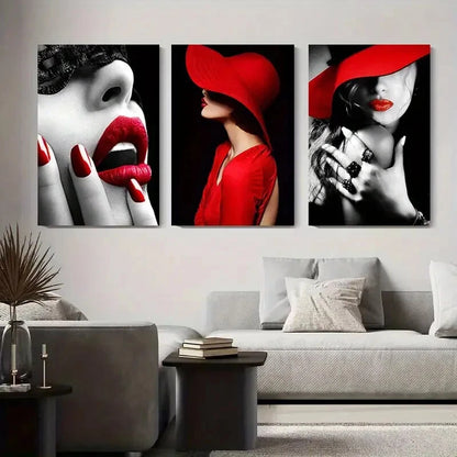 3pcs Chic Red Hat & Lipstick Fashion Perfect Wall Art Set Canvas Framed 40x60cm - High Quality Print 100% Australian Made Wall Canvas Ready to Hang - Bella Home Decor