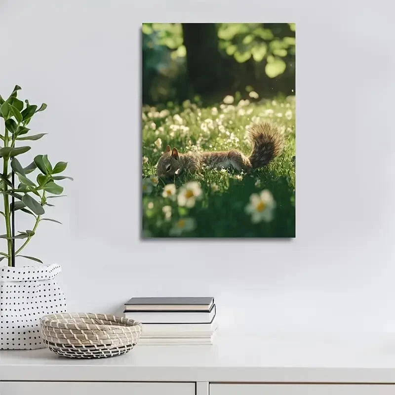 Fantasy Squirrel Rolling in Lush Meadow Painting 40x60cm Metal Print Ready to Hang - Bella Home Decor