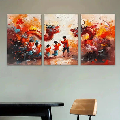 3pcs Spring Festival Dragon Dance Wall Art Set Canvas Framed 60x90cm - High Quality Print 100% Australian Made Wall Canvas Ready to Hang