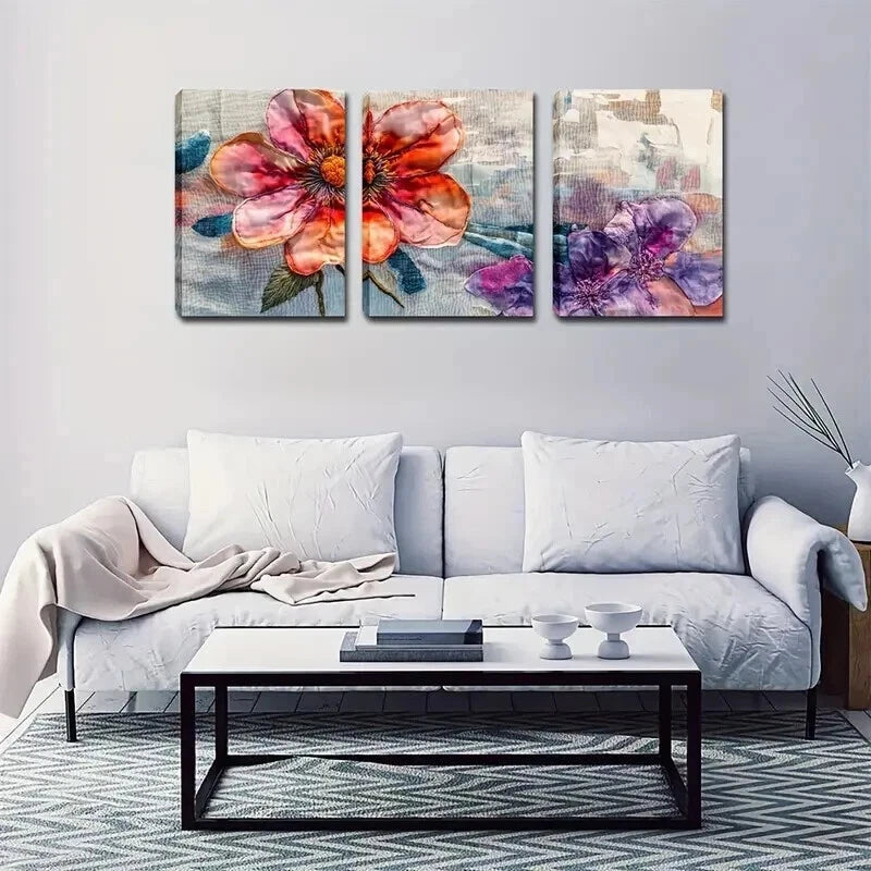 3pcs Red Flowers And Purple Leaves Décor Perfect Wall Art Set Canvas Framed 50x70cm - High Quality Print 100% Australian Made Wall Canvas Ready to Hang - Bella Home Decor