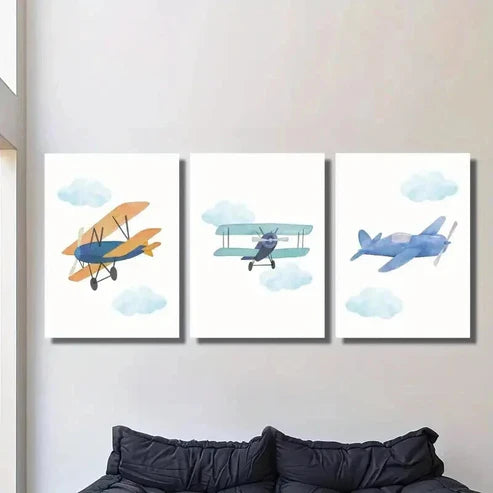 3pcs Blue & Green Cartoon Plane Wall Art Canvas Unframed - High Quality Print 100% Australian Made Wall Canvas