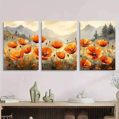 3pcs Poppy Watercolor Wildflowers Fields Perfect Wall Art Set Canvas Framed 60x90cm - High Quality Print 100% Australian Made Wall Canvas Ready to Hang - Bella Home Decor
