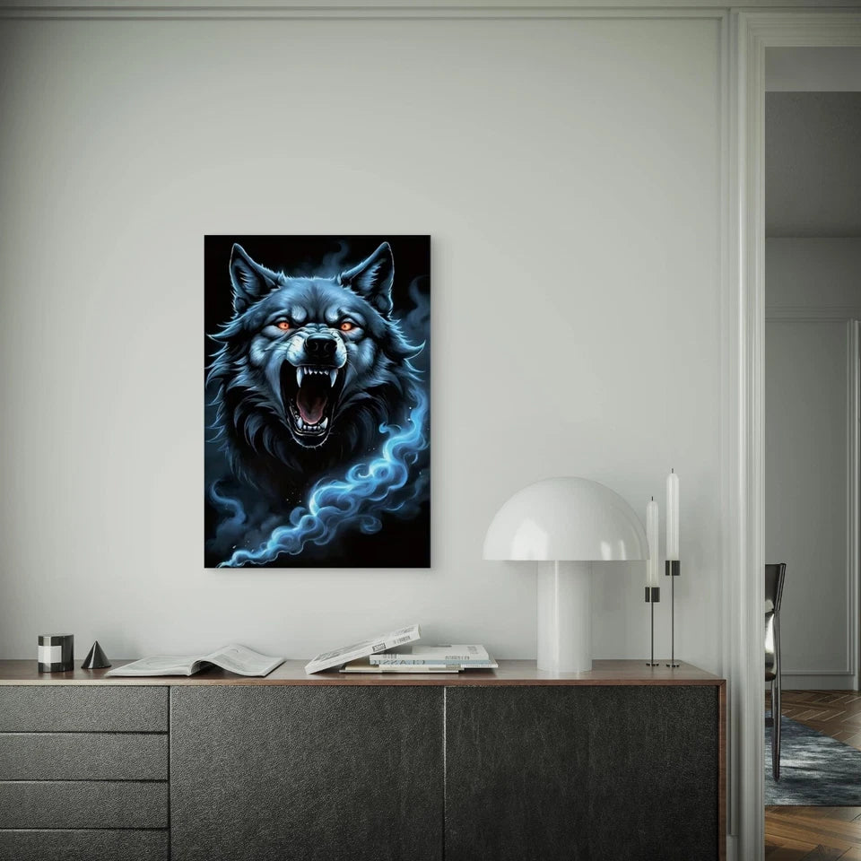Dark Blue & Black Wolf Portrait with Glowing Eyes Metal Print Ready to Hang