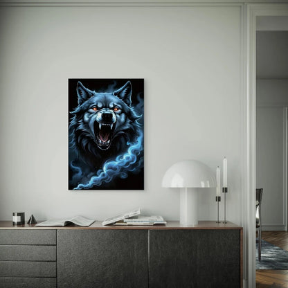 Dark Blue & Black Wolf Portrait with Glowing Eyes Metal Print Ready to Hang