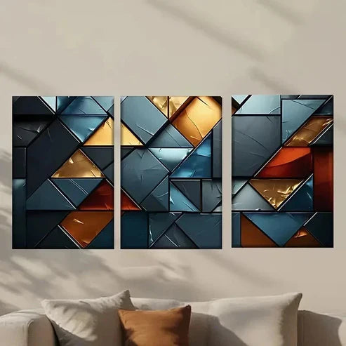 3pcs Blue Golden & Black Triangles Wall Art Set Canvas Unframed - High Quality Print 100% Australian Made Wall Canvas - Bella Home Decor
