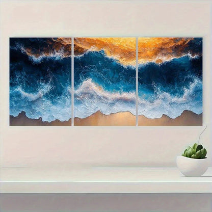 3pcs Abstract Ocean Beach Blue & Gold Metal Print Ready to Hang Art - Bella Home Decor